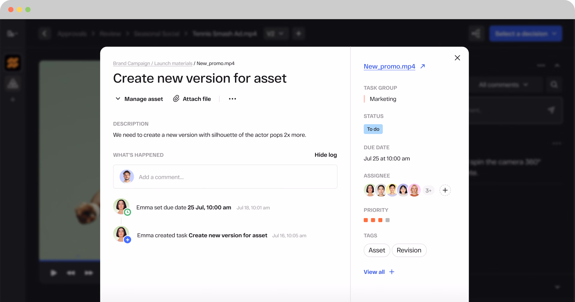 StreamWork comment converted into an assigned task with an owner and due date