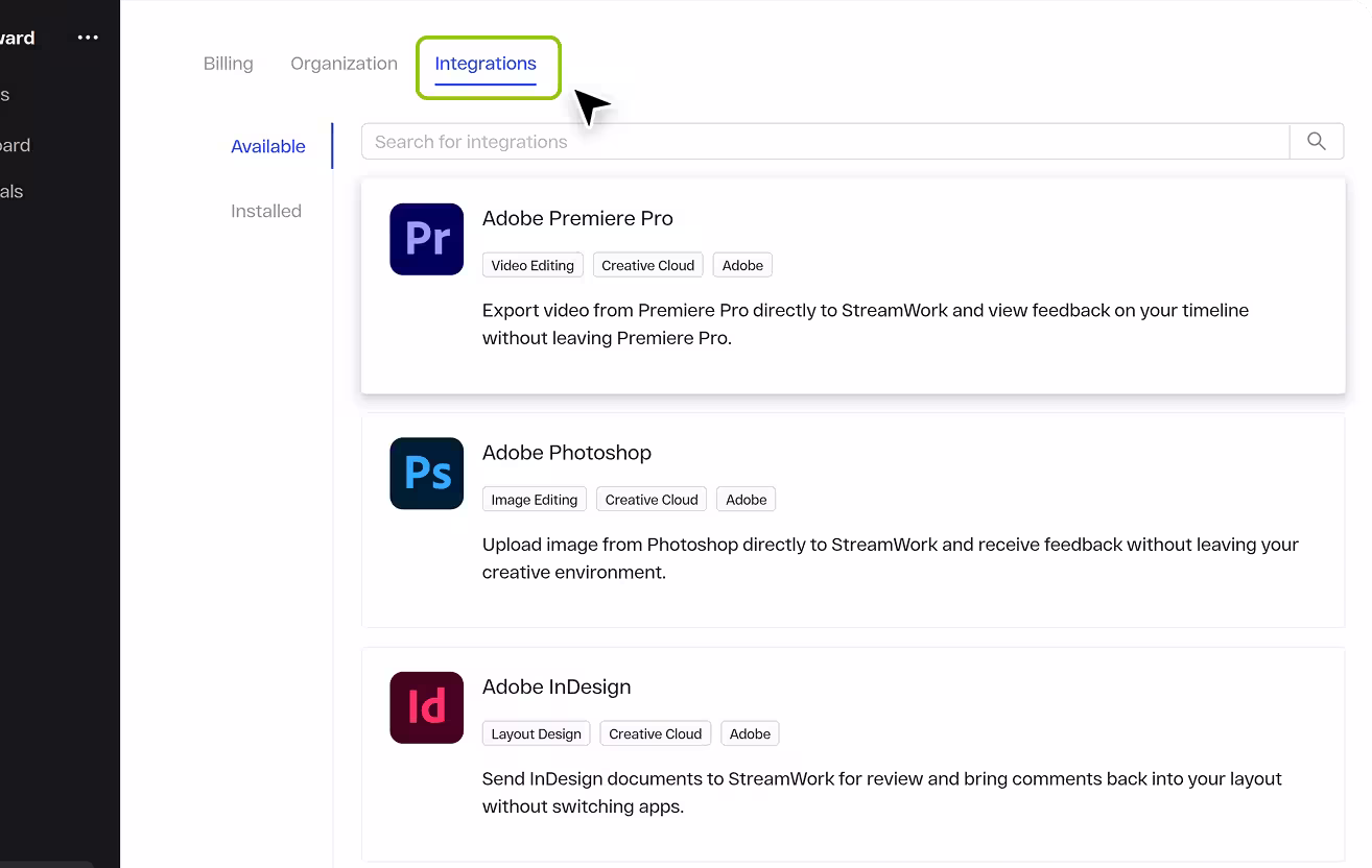 StreamWork plugin for Adobe Creative Cloud on Adobe Exchange, with a five-star rating and Get button