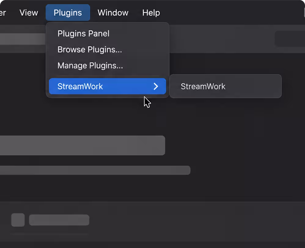 Opening the StreamWork plugin from the Plugins menu inside an Adobe Creative Cloud app