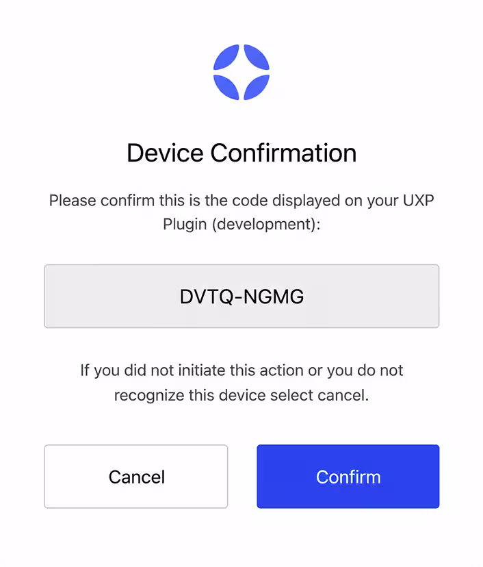 StreamWork device confirmation screen with a one-time code to connect the Adobe plugin to a workspace