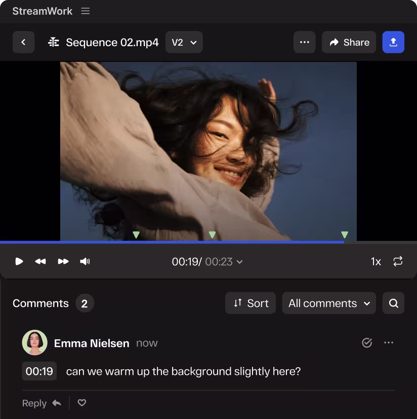 Timestamped reviewer comments on a video proof in the StreamWork plugin panel inside Premiere Pro