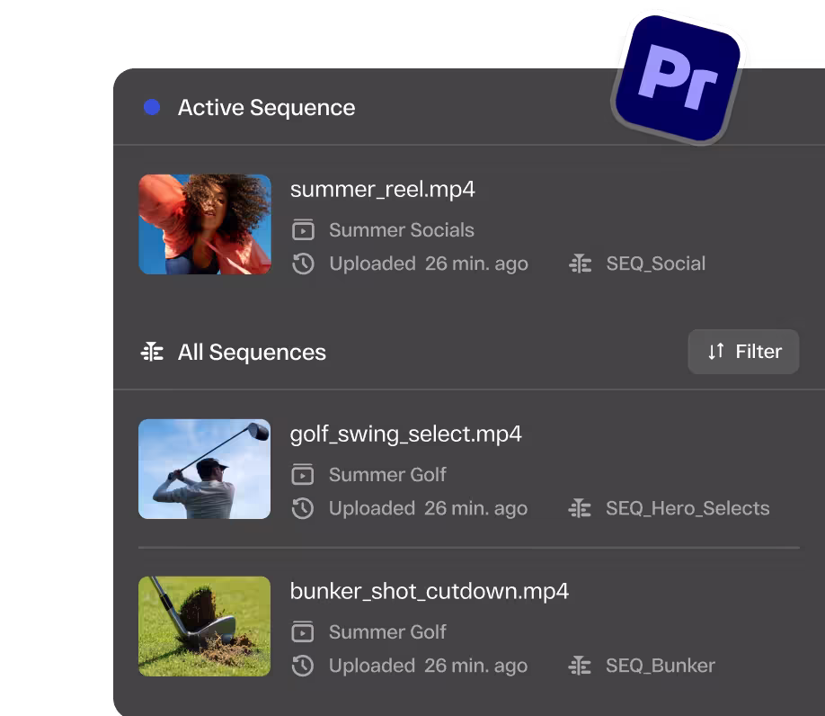 StreamWork Premiere Pro panel for uploading sequences to video review, with thumbnails, dates, and file sizes
