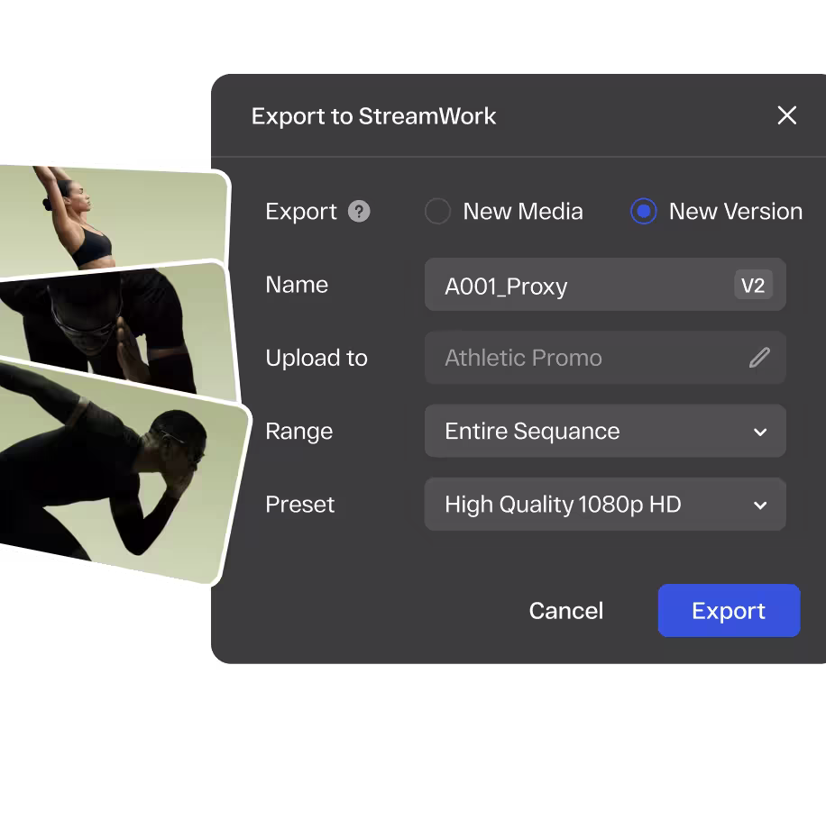 Export to StreamWork dialog in Premiere Pro for sending proxy files to review as new media or a new version
