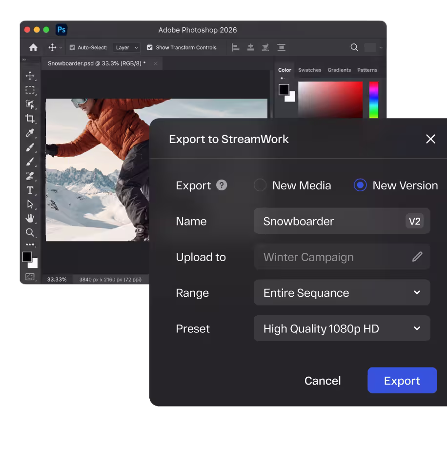 StreamWork Photoshop integration dialog for sending a design file to review as a new proof or version