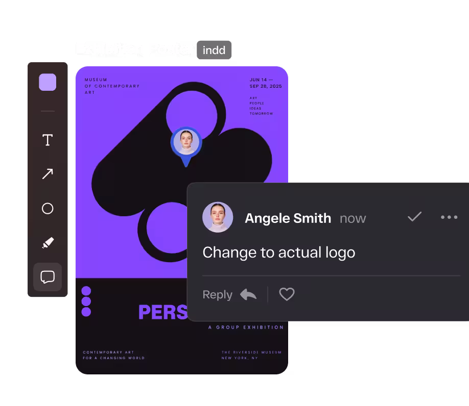Pixel-accurate markup in StreamWork with a reviewer comment pinned on an exhibition poster design