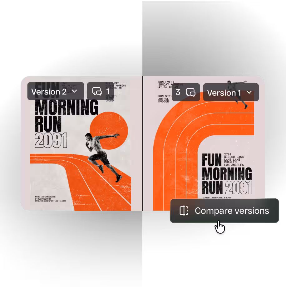 Design version control in StreamWork comparing two iterations of a poster side by side